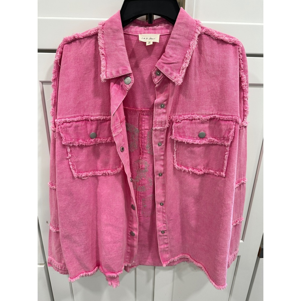 143 Story by Line Up Pink Rock & Roll Sequin Distressed Denim Shirt Jacket M View 2